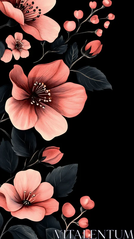 Coral Blossoms Dance: Luminous Florals Against Midnight Canvas