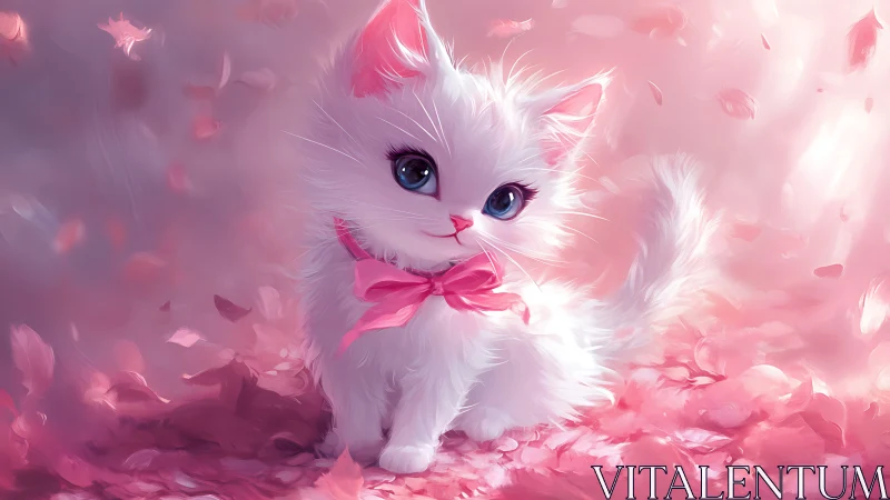 Ethereal White Kitten Among Pink Petals and Soft Light