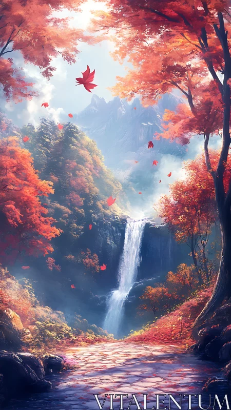 Autumn waterfall valley framed by luminous scarlet foliage.