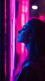 Neon edge portrait in vertical cyan-magenta split lighting.