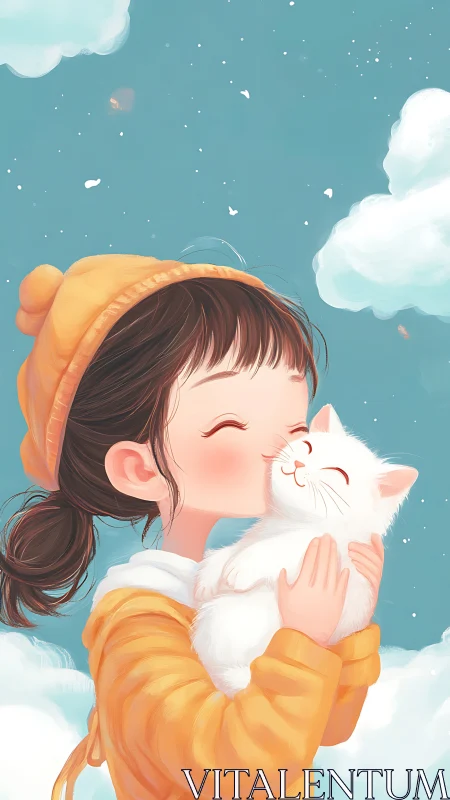 Girl kisses white cat in soft stylized sky scene