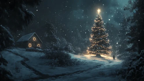 Snowy forest glows around a radiant winter holiday tree