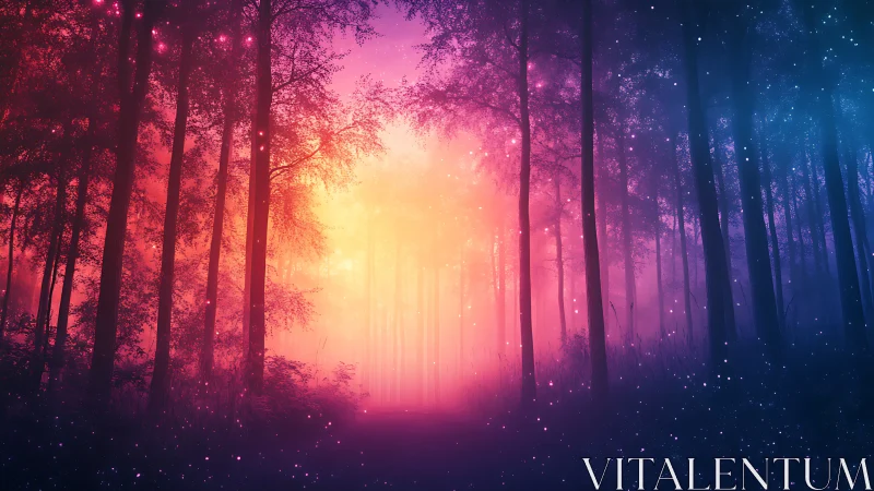 Glowing forest passage with warm light and cool stars