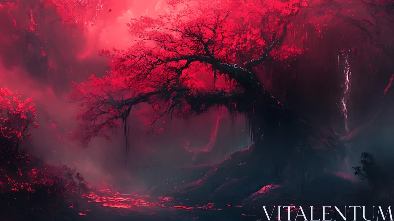 Solitary red-canopied tree in dense misted woodland.