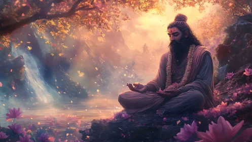 Mystic sage meditating by luminous waterfall in bloom.