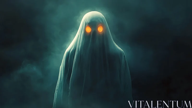 Digital painting of spectral figure with glowing eyes in mist.