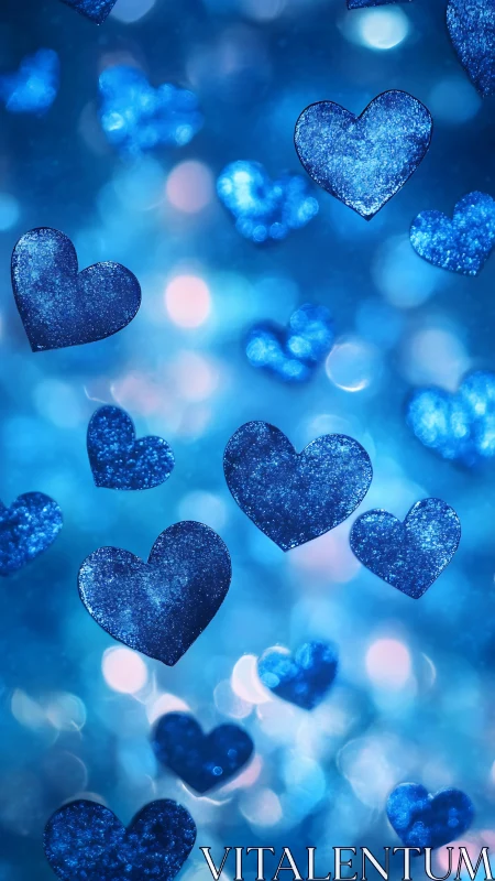 Glittered blue heart shapes on defocused bokeh background.