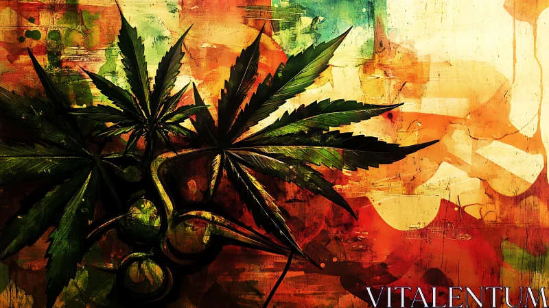 Cannabis leaves against abstract warm-toned digital field.