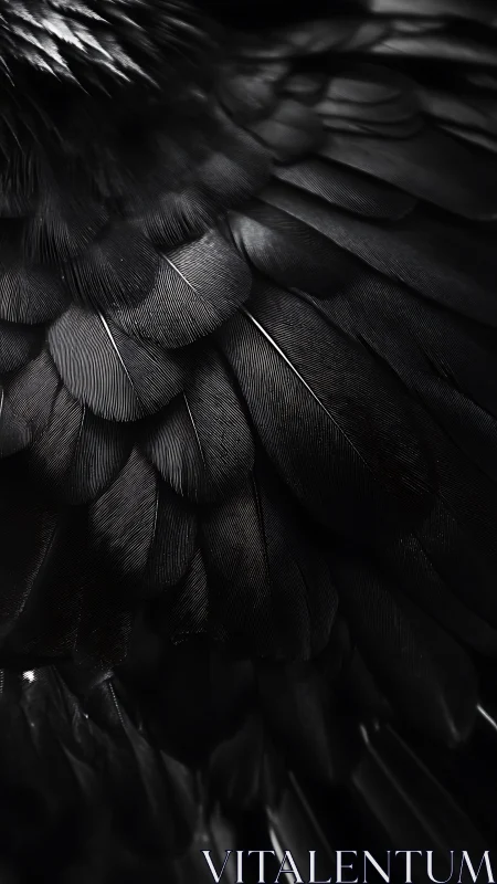 Layered black feathers in dramatic macro chiaroscuro study.