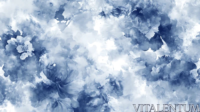 Indigo watercolor floral field with diffuse cloud layering.