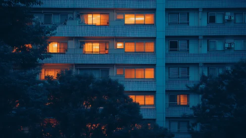Warm apartment windows glow softly against the cool night