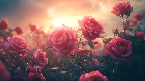Rose Garden Reverie: Sunset's Pink Bloom Symphony.