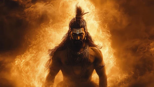 Fiery divine warrior emerging from glowing sacred flames.