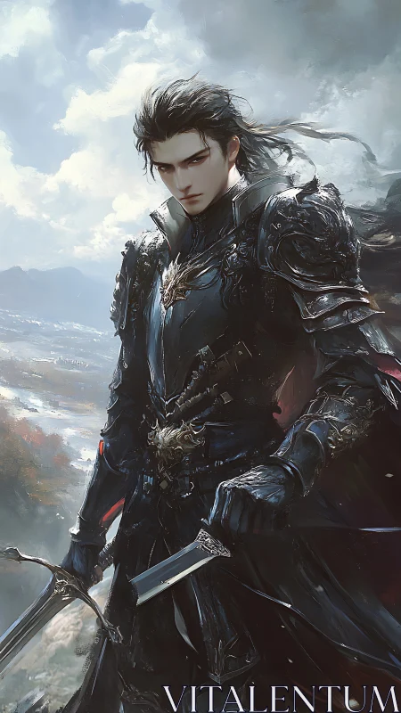 Dark armored swordsman overlooking misty landscape scene.