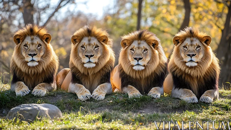 Four male lions resting on grass with autumn foliage in background