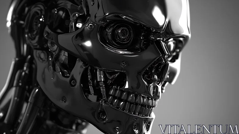 Chrome skull contemplates tomorrow in razor-sharp reflections