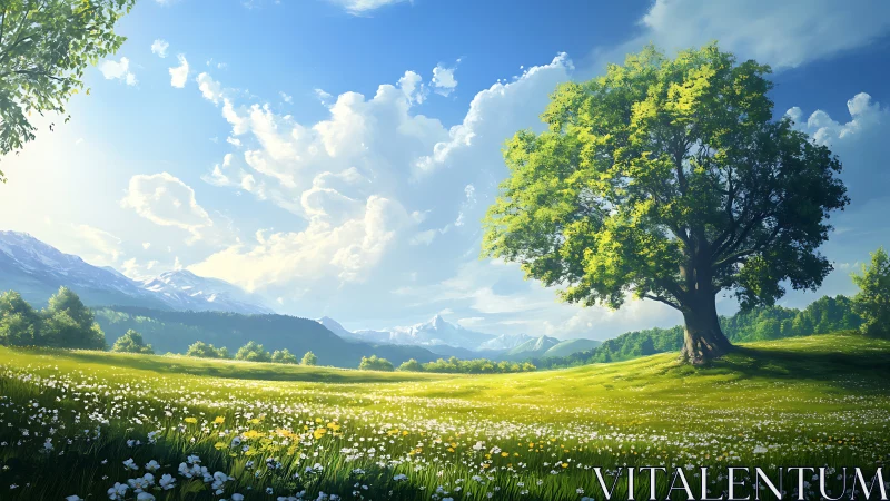 Sunlit giant tree guarding a wildflower-drenched valley meadow.