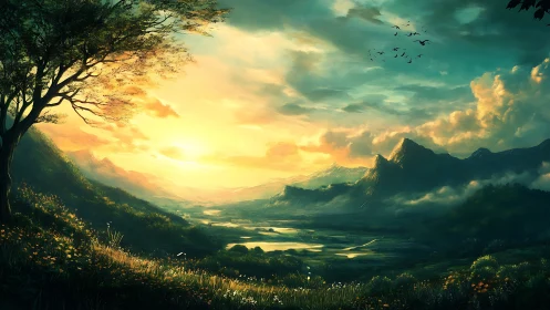 Sunlit valley dreaming beneath emerald mountains at dawn.