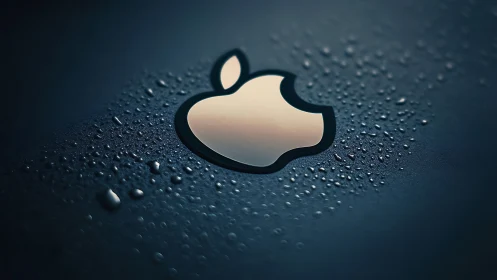 Luminous Apple Logo on Wet Surface with Droplet Texture