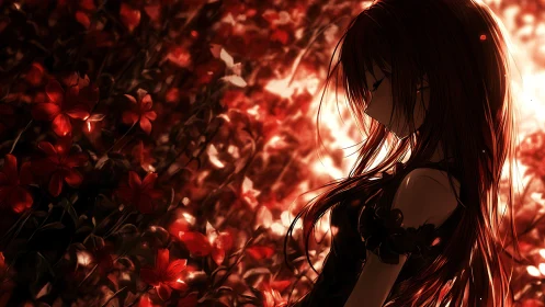 Crimson-haired dreamer amid burning flower dusk.