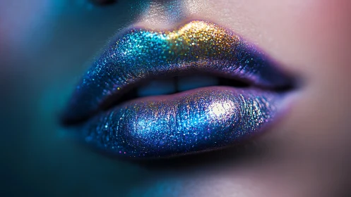 Macro closeup of iridescent glitter lips in neon studio light
