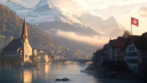 Swiss lakeside town at sunrise with mountains and church.