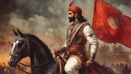 Mounted warrior in ornate armor leads cavalry under crimson battle flag