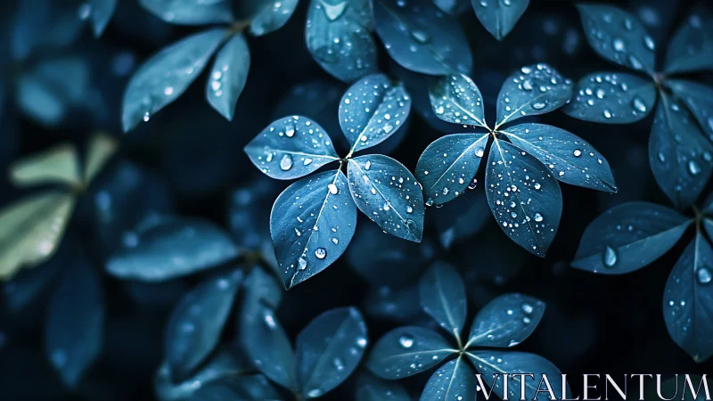 Blue-toned foliage with rain droplets in close focus.