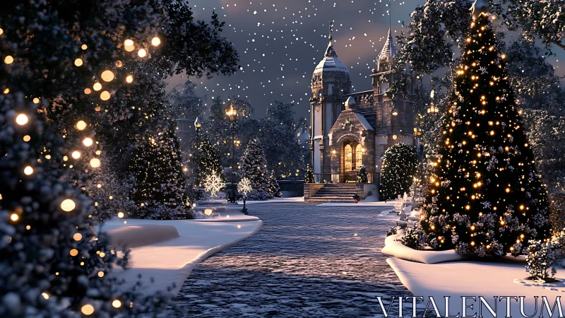 3D winter manor promenade with illuminated festive trees.