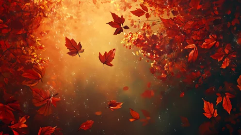 Autumn foliage with red leaves suspended in warm light.