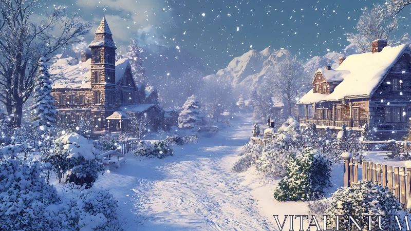 Snowfall over rustic village lane and wooden cottages at dusk.