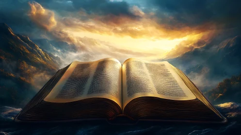 Ancient golden book rests open beneath radiant storm sky