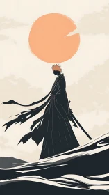 Minimalist anime swordsman silhouette under fractured sun.