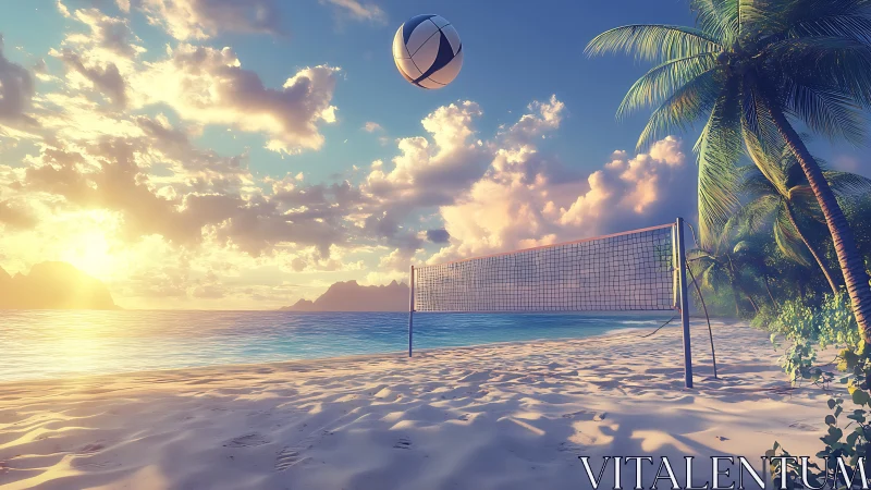 Golden sunset beach volleyball court invites a relaxed game