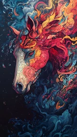 Flaming celestial horse emerges from swirling cosmic waves.