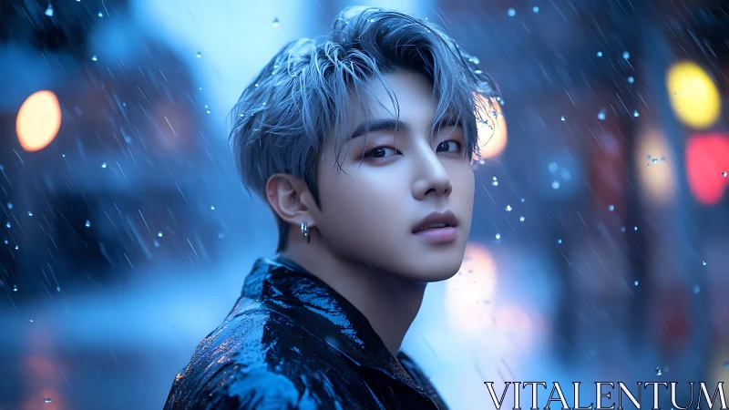 Silver-haired youth in cinematic neon rain portrait scene.