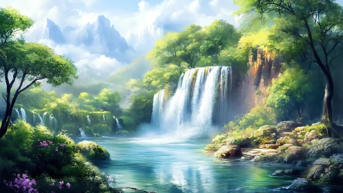 Sunlit waterfall refuge beneath whispering emerald trees.