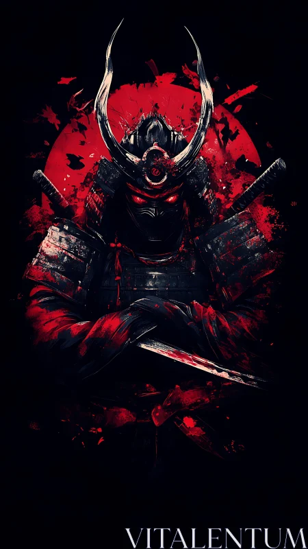 Armored samurai silhouette framed by high contrast red sun