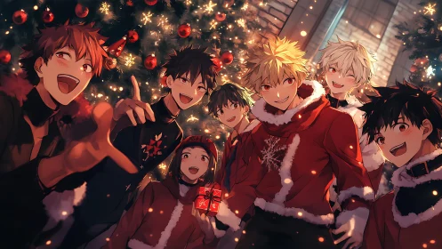 Joyful anime friends share cozy Christmas cheer together