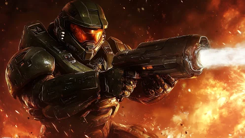 Armored sci fi soldier fires massive plasma cannon amid explosive inferno