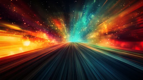 Starlit velocity highway racing into a prismatic cosmic dawn.
