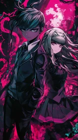 Dual anime protagonists stand in neon magenta high-contrast bloom