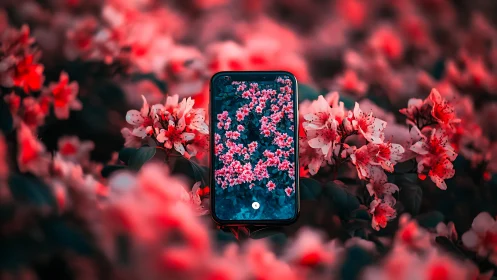 Smartphone displaying floral pattern among blooming flowers.