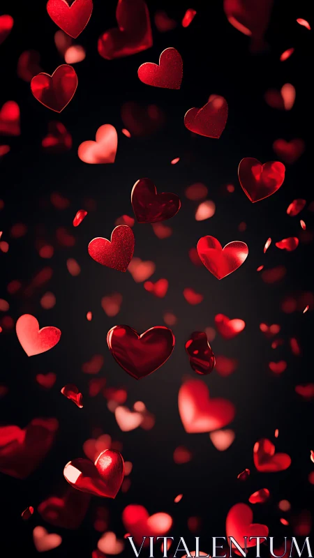 Luminous Red Hearts Against Black Background with Bokeh Depth.