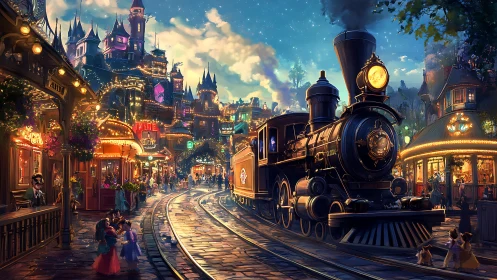 Fantasy steam train entering illuminated storybook cityscape.