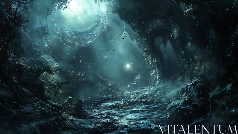 Mystical forest cavern opens toward luminous swirling sky