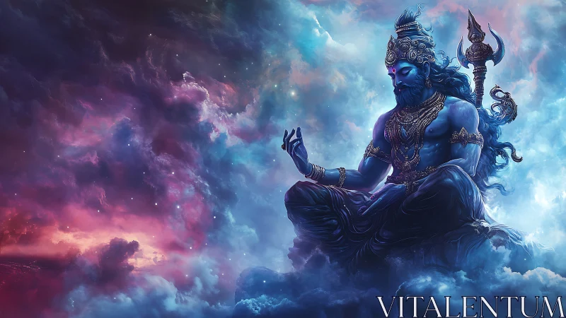 Blue celestial deity in meditation amid swirling cosmic clouds.