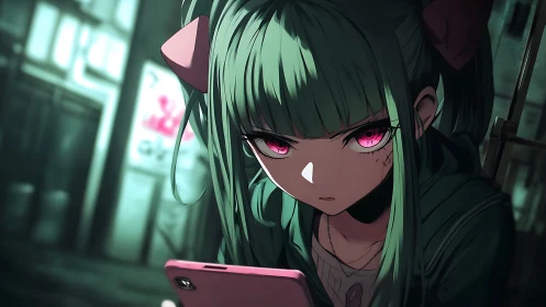 Neon-eyed night hacker studies her glowing pink oracle