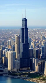 Glass-and-steel skyscraper with twin antennae above city grid