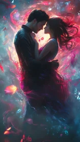 Ethereal Couple Embraced in Cosmic Energy Vortex